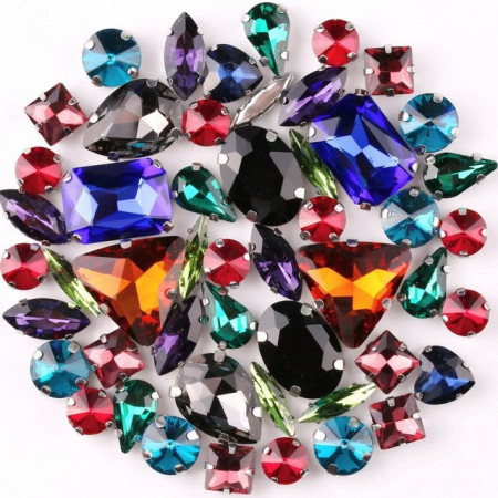 Glass Crystal Set, Various Dark Colours, Silver Base, (50 pieces/set)
