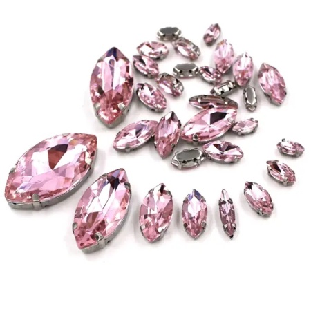 Set Cristale de Cusut Frunza, Roz, Baza Argintiu, (20 bucati/set)