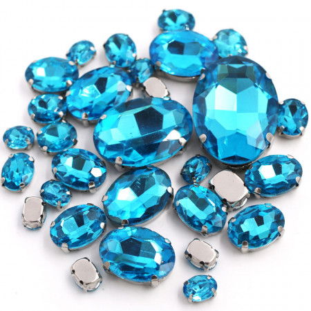Set Cristale de Cusut Ovale, Turcoaz, Baza Argintiu, (20 bucati/set)