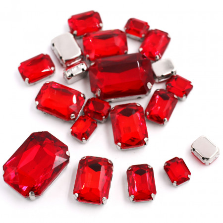 Set of Rectangular Sewing Crystals, Red, Silver Base, (20 pieces/set)