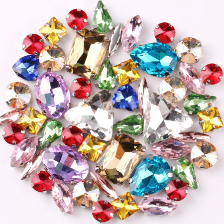 Glass Crystal Set, Various Light Colours, Silver Base, (50 pieces/set)