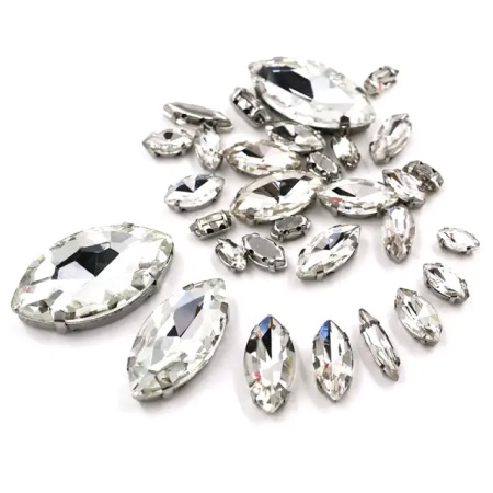 Set Cristale de Cusut Frunza, Transparent, Baza Argintiu, (20 bucati/set)