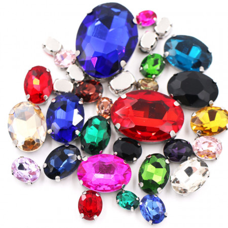 Set Cristale de Cusut Ovale, Multicolore, Baza Argintiu, (20 bucati/set)