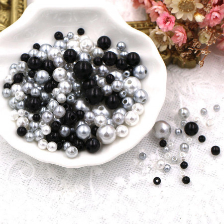 Set Perle cu Gaura, Alb-Negru-Gri, Diverse Dimensiuni
