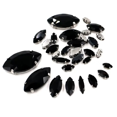 Set Cristale de Cusut Frunza, Negru, Baza Argintiu, (20 bucati/set)