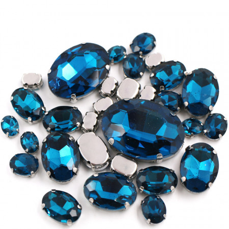 Set Cristale de Cusut Ovale, Albastru Peacock, Baza Argintiu, (20 bucati/set)