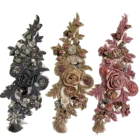 Aplicatie Brodata cu Flori 3D si Perle, 36x13 cm