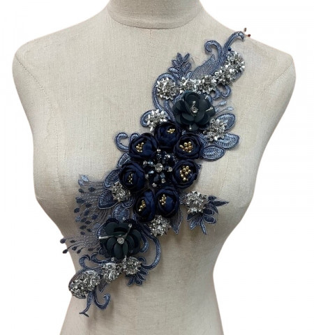 Embroidered Applique with 3D Flowers and Crystals, Navy Blue