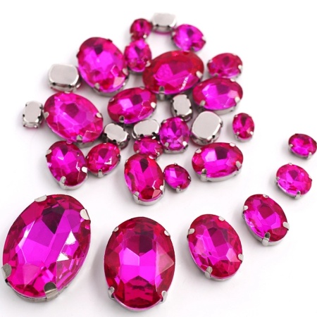 Set Cristale de Cusut Ovale, Fucsia, Baza Argintiu, (20 bucati/set)