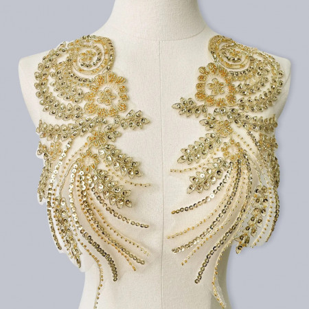 Embroidered Appliques with Sequins and Beads, Golden ( 2 pieces/set)