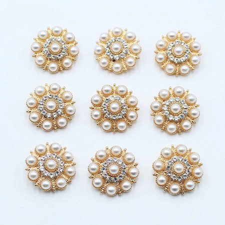Pearl and Strass Buttons, Gold, 20mm (5 pieces/set)