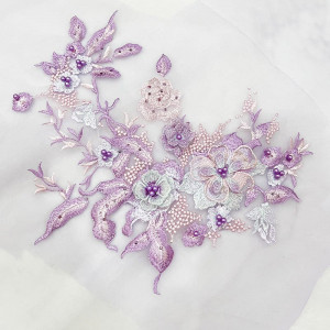3D Flowers and Pearls Embroidered Applique, Pink Lilac, 36 x 25 cm