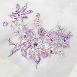 3D Flowers and Pearls Embroidered Applique, Pink Lilac, 36 x 25 cm