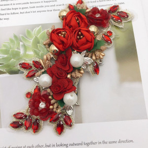 3D Flowers Crystals Applique & Pearl, Red