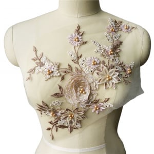 Aplicatie Brodata Flori 3D Bej, 23 x 37 cm - Img 1