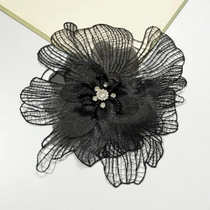 Embroidered Applique Flower with Stripes, Black, ,16cm