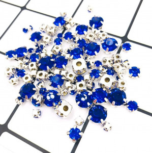 Glass Sewing Stones with Metallic Support, Blue