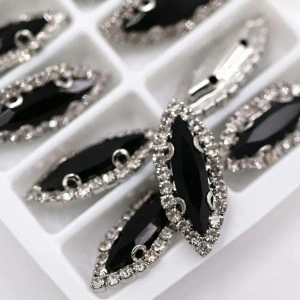 Glass Stitching Crystals, Deep Black, 15mm, Silver Base