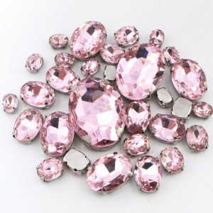 Oval Sewing Crystals Set, Pink, Silver Base, (20 pieces/set)