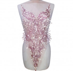 Sequins and embroidery on tulle appliqué coupon, Rose