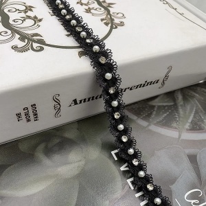 Banda Pasmanterie cu Perle si Strasuri, Negru, 1.5 cm