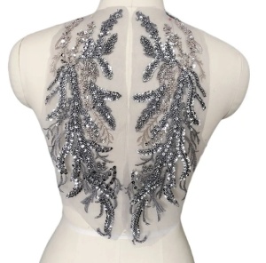 Embroidered Beads appliqué, Silver, 36 x 12 cm ( 2 pieces/set) - Img 1