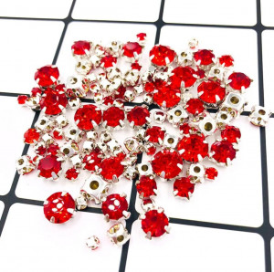 Glass Sewing Stones with Metallic Support, Red