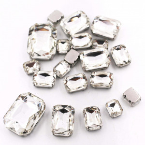 Set of Rectangular Sewing Crystals, Rectangular, Transparent, Silver Base, (20 pieces/set)