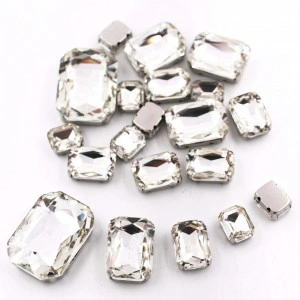 Set of Rectangular Sewing Crystals, Rectangular, Transparent, Silver Base, (20 pieces/set)