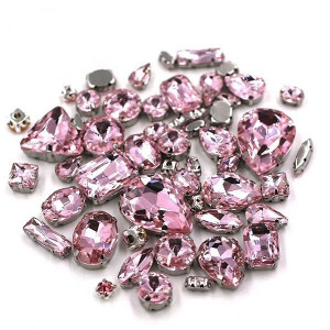 Sewing Crystals Set, Pink, Silver Base, (50 pieces/set)
