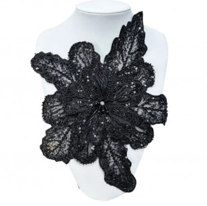 3D flower with beads and sequins, Black/White, 28x30cm - Img 4