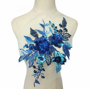 3D Flowers Embroidered Applique, Dark Blue