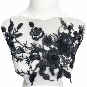 Embroidered appliqué 3D Flowers 3D Black, 26 x 33 cm