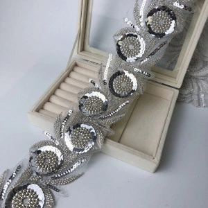 Embroidered Flower Lacing Tape with Beads