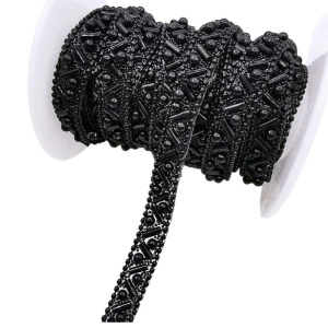 Heat-activated adhesive tape, pearls and beads, black, 1 cm