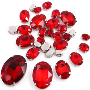 Oval Sewing Crystals Set, Red, Silver Base, (20 pieces/set) - Img 2