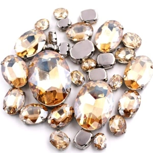 Set of Oval Sewing Crystals, Gold, Silver Base, (20 pieces/set)
