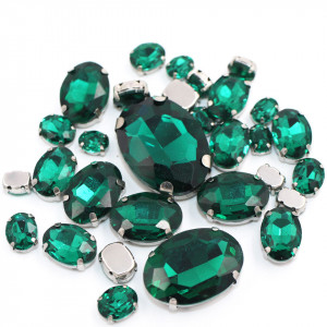 Set of Oval Sewing Crystals, Imperial Green, Silver Base, (20 pieces/set)