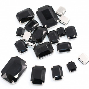 Set of Rectangular Sewing Crystals, Deep Black, Silver Base, (20 pieces/set)