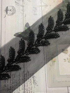 Tulle Lacing Tape with Black Beads Leafs