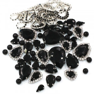 Crystal Set, Strass and Pearl Chain, Black, Silver Base