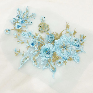 Embroidered 3D Flowers and Pearls applique, Light Blue, 36 x 25 cm