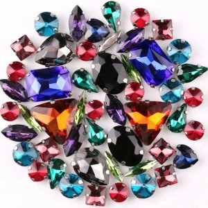 Glass Crystal Set, Various Dark Colours, Silver Base, (50 pieces/set)
