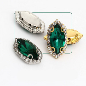 Glass Stitching Crystals, Emerald, 15mm, Gold Base