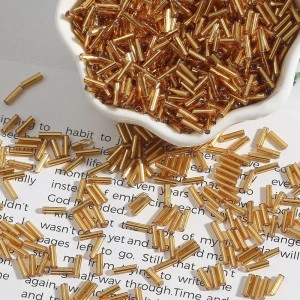 Glass Tubular Beads Set, Gold, 2 x 7mm (15g/piece)