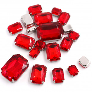 Set Cristale de Cusut Dreptunghiulare, Rosu, Baza Argintiu, (20 bucati/set)