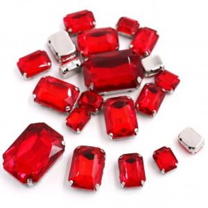 Set Cristale de Cusut Dreptunghiulare, Rosu, Baza Argintiu, (20 bucati/set)