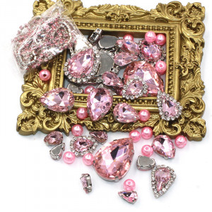 Set of Crystals, Strass and Pearl Chain, Pink, Silver Base, (50 pieces/set) - Img 2