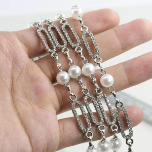 Decorative Chain with Strass and Pearls, 1 cm - Img 2