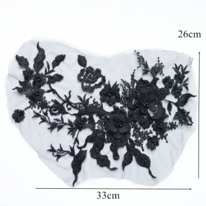 Embroidered appliqué 3D Flowers 3D Black, 26 x 33 cm - Img 3